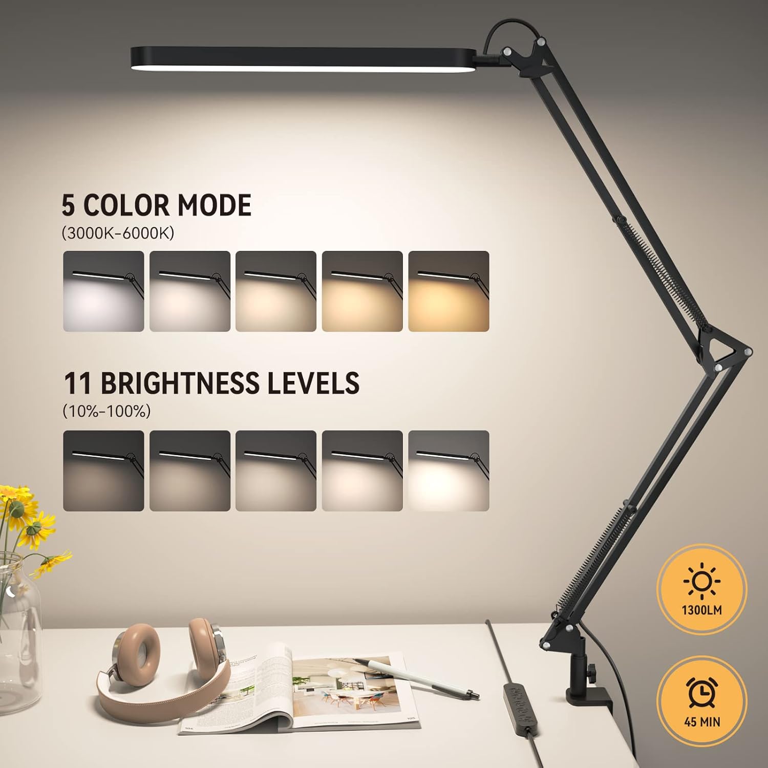 SKYLEO Led Desk Lamp - Desk Light for 31.5" Tall - 5 Color Modes X 11 Brightness Levels - Adjustable Swing Arm - Timmer & Memory Function - 12W Lamp for Desk - Black - Image 2